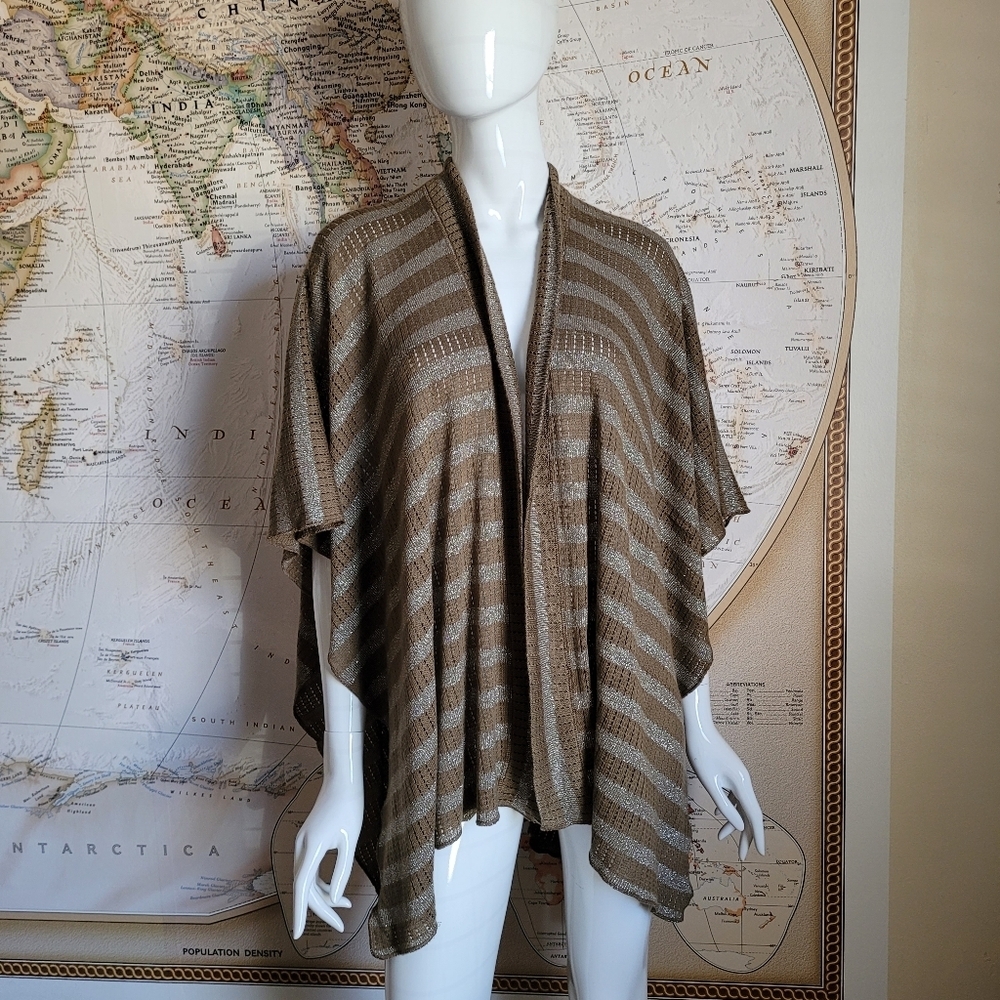 Chico's Olive Brown Metallic Silver Stripes cape Shawl poncho festival boho OS